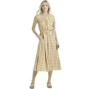 Who What Wear‎ Womens Sz XXL Gingham Honey Mustard One Shoulder Dress